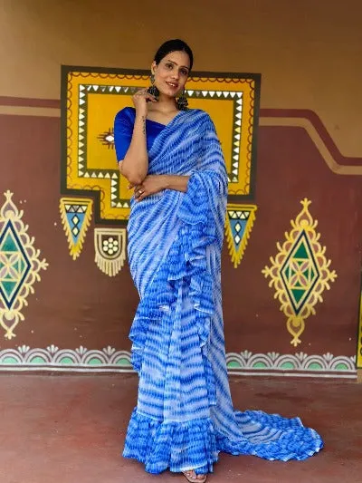 1 Min Blue Georgette Designer Ruffle Stitched Readymade Saree