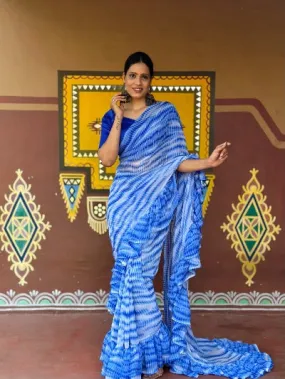 1 Min Blue Georgette Designer Ruffle Stitched Readymade Saree