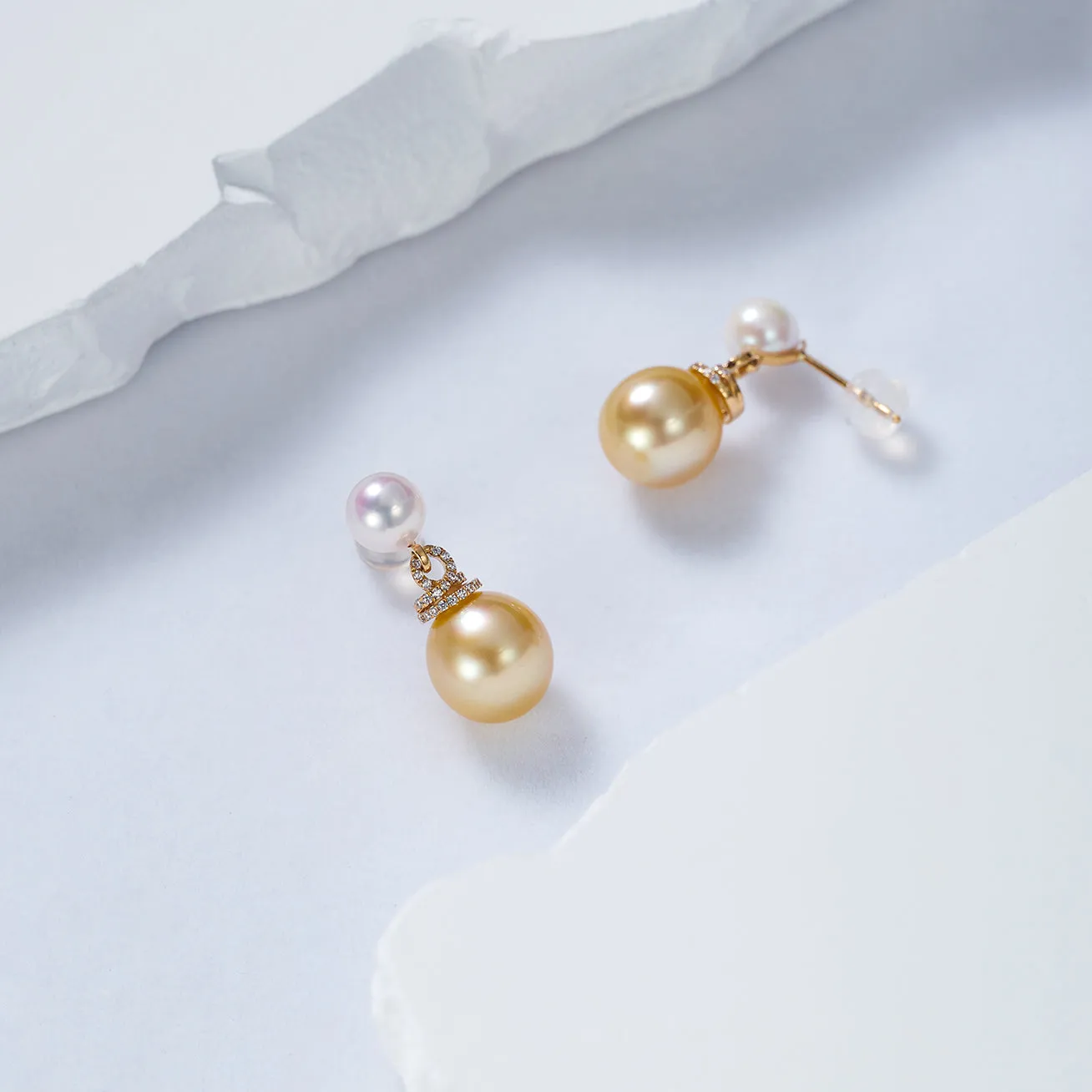 18K Solid Gold? South Sea Golden and Akoya White Pearl Earrings KE00155