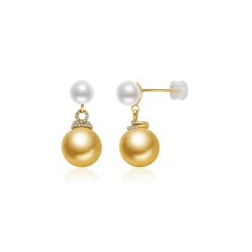 18K Solid Gold? South Sea Golden and Akoya White Pearl Earrings KE00155