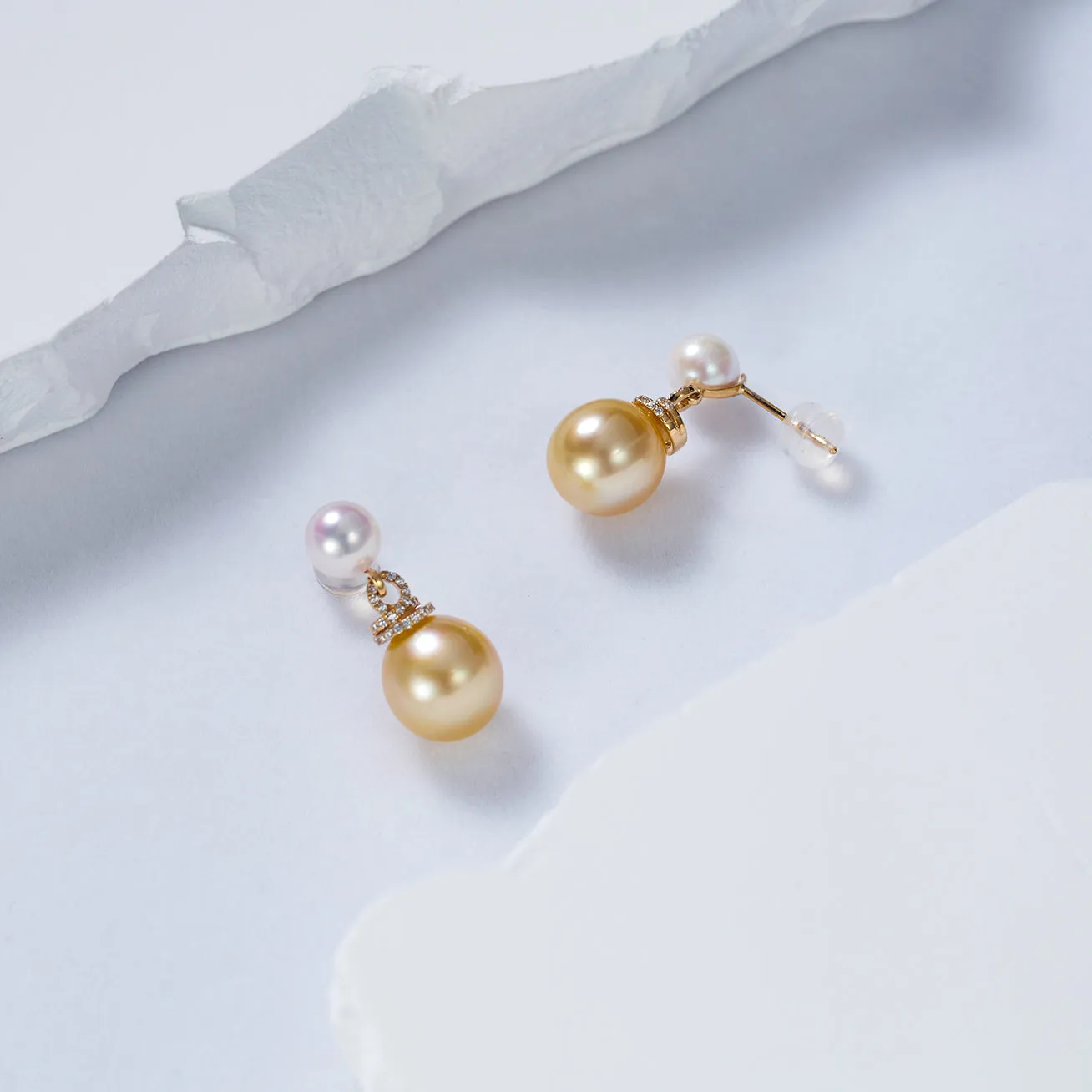 18K Solid Gold? South Sea Golden and Akoya White Pearl Earrings KE00155