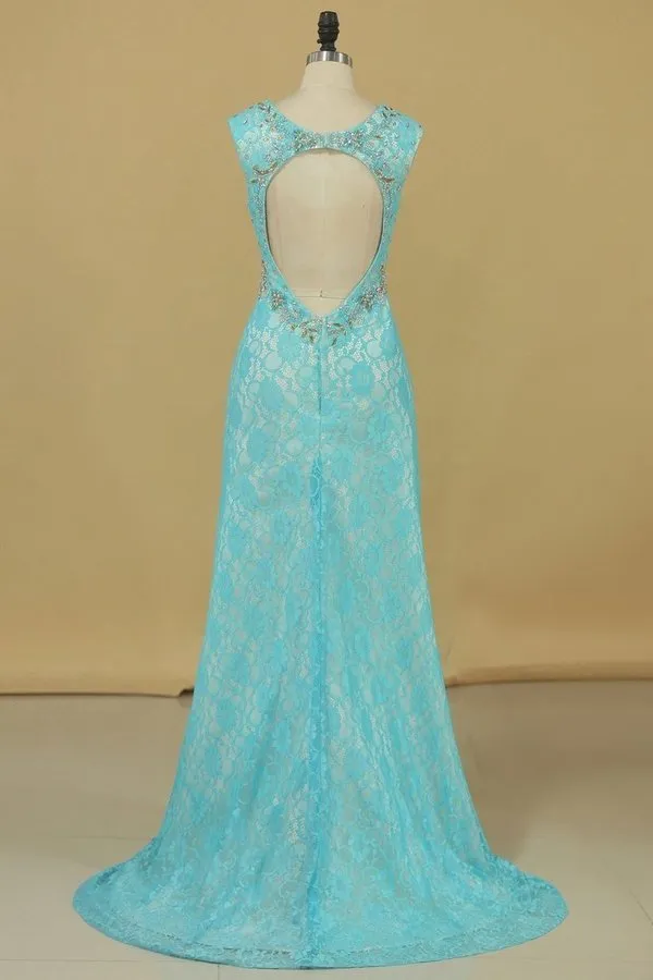 2024 Sexy Open Back V Neck With Beads And Slit Prom Dresses Mermaid Lace P6AZ92H5