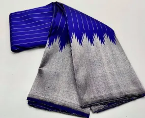 90Z042-RO Blue and Silver Temple Border Kanjivaram Saree