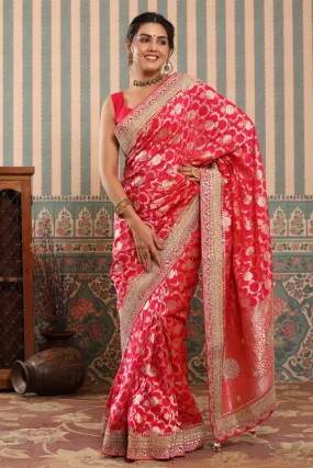 90Z620-RO Pink Banarasi Silk Saree with Embroidered Border