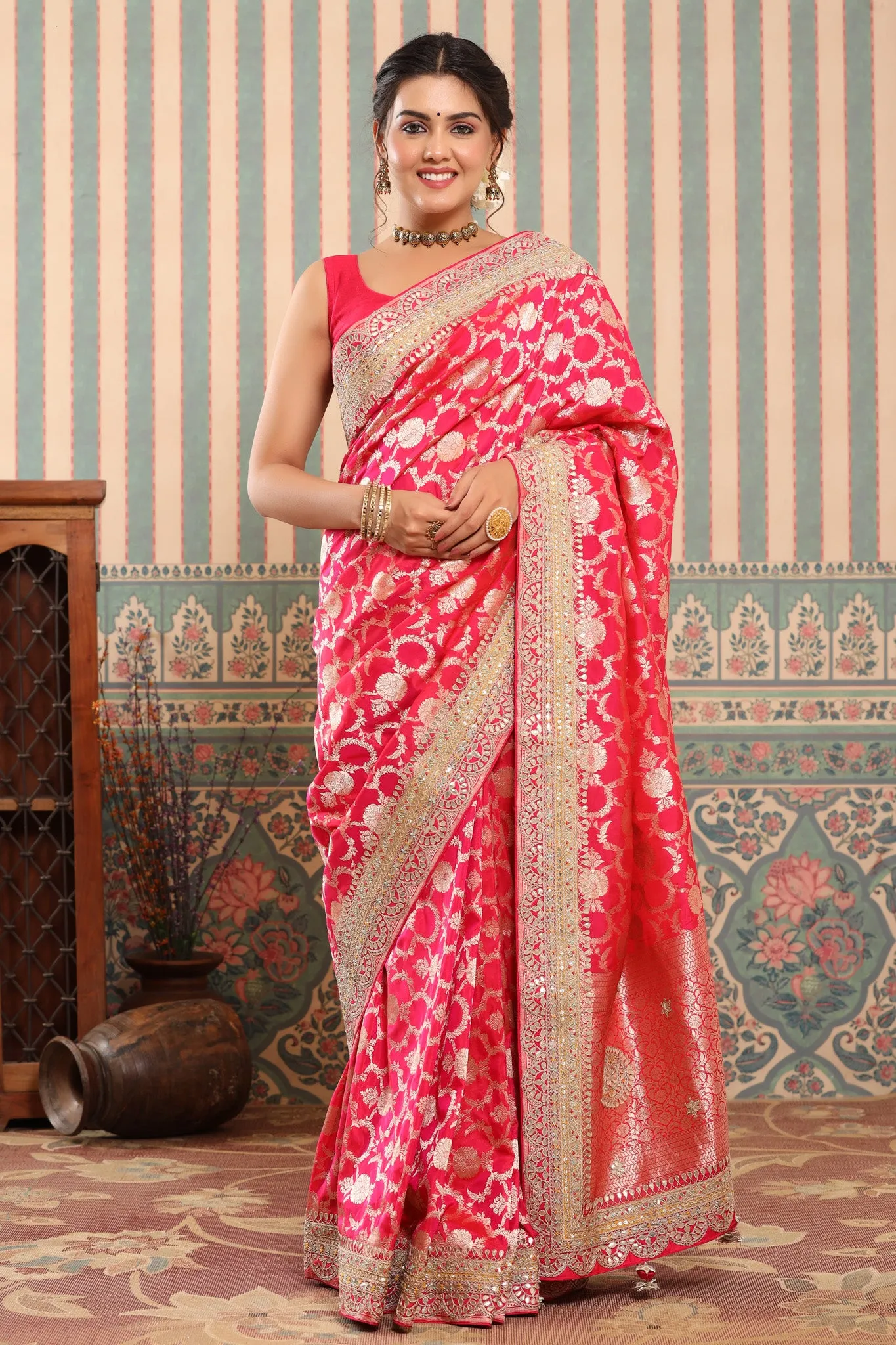 90Z620-RO Pink Banarasi Silk Saree with Embroidered Border