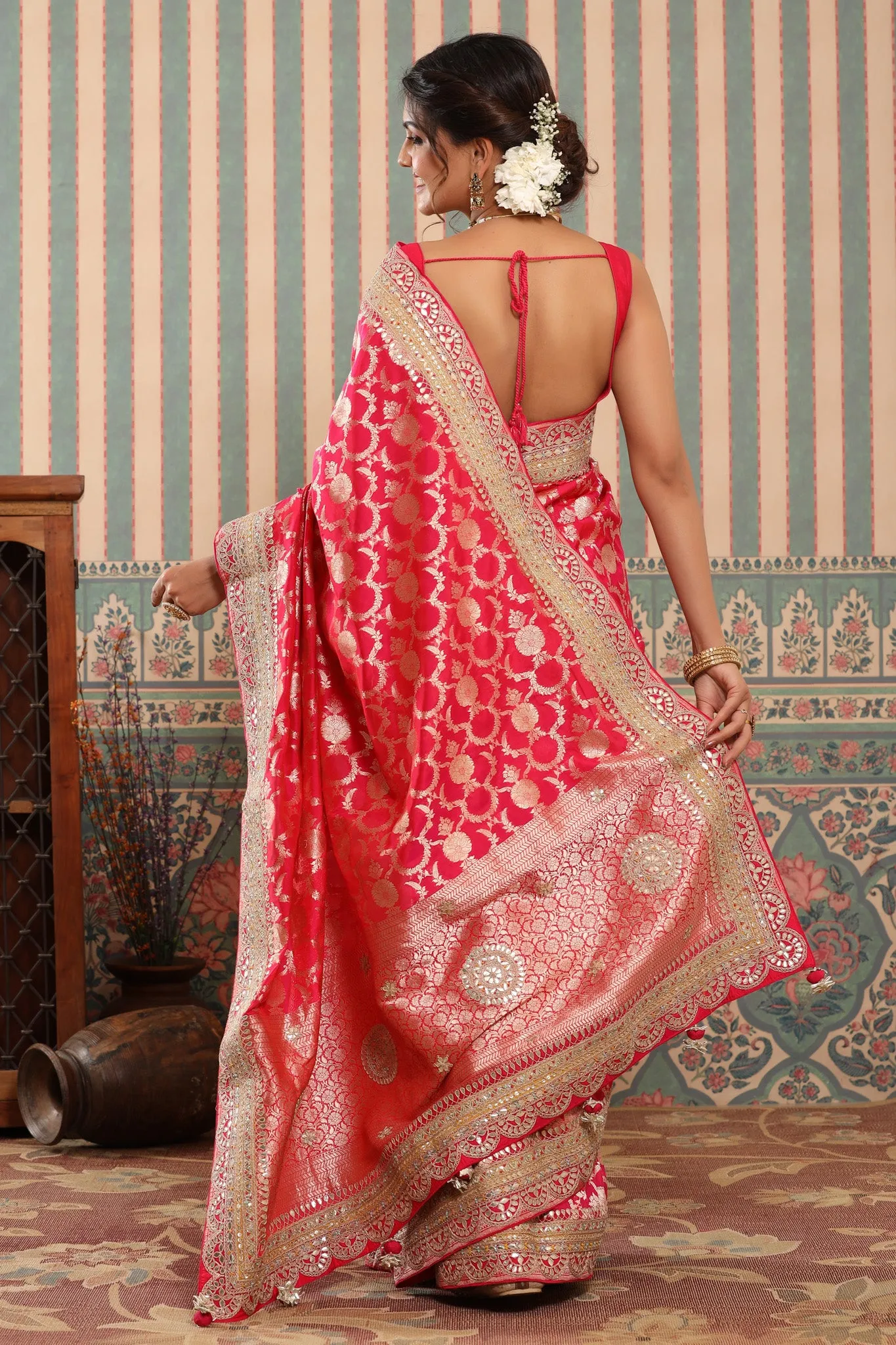 90Z620-RO Pink Banarasi Silk Saree with Embroidered Border