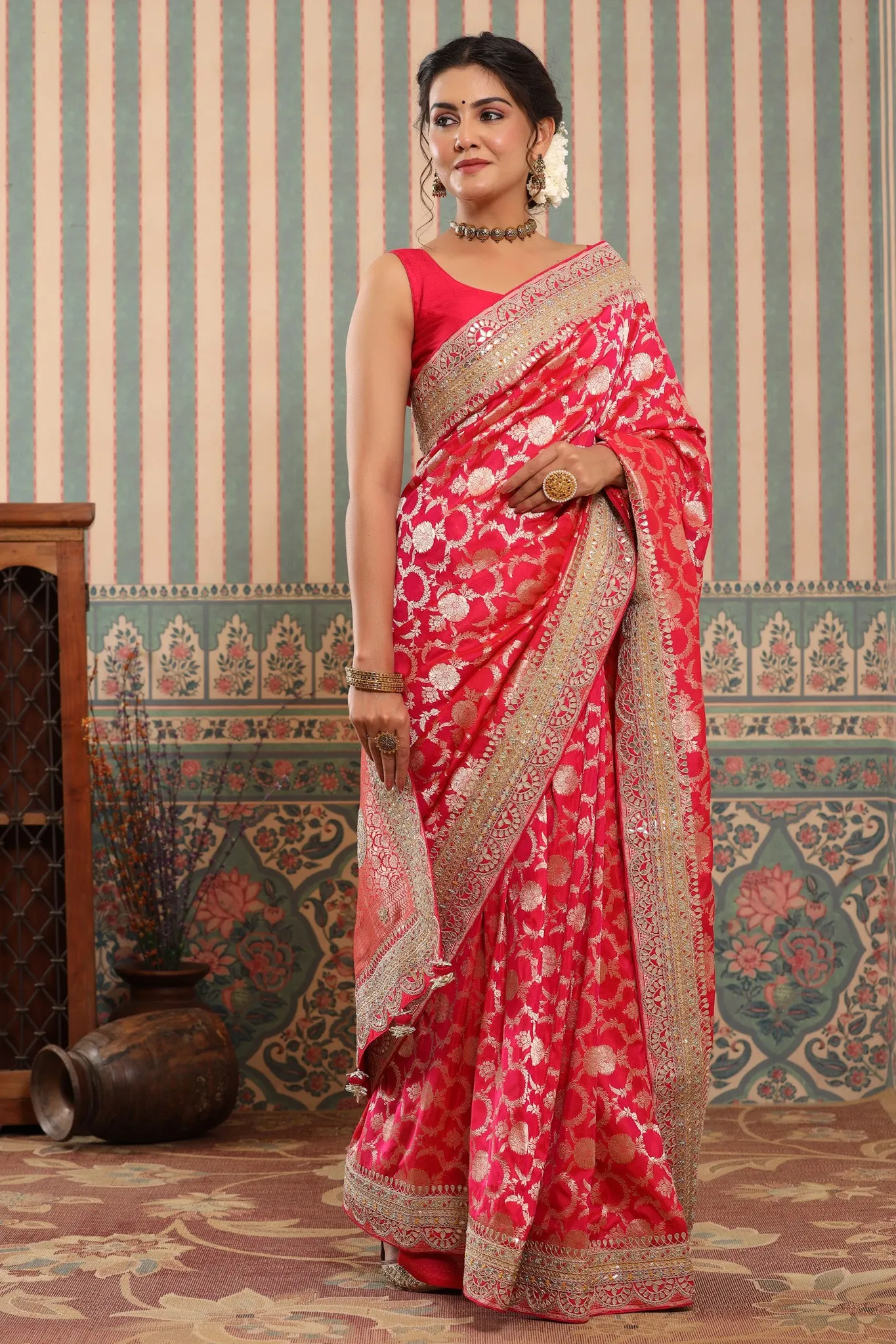 90Z620-RO Pink Banarasi Silk Saree with Embroidered Border