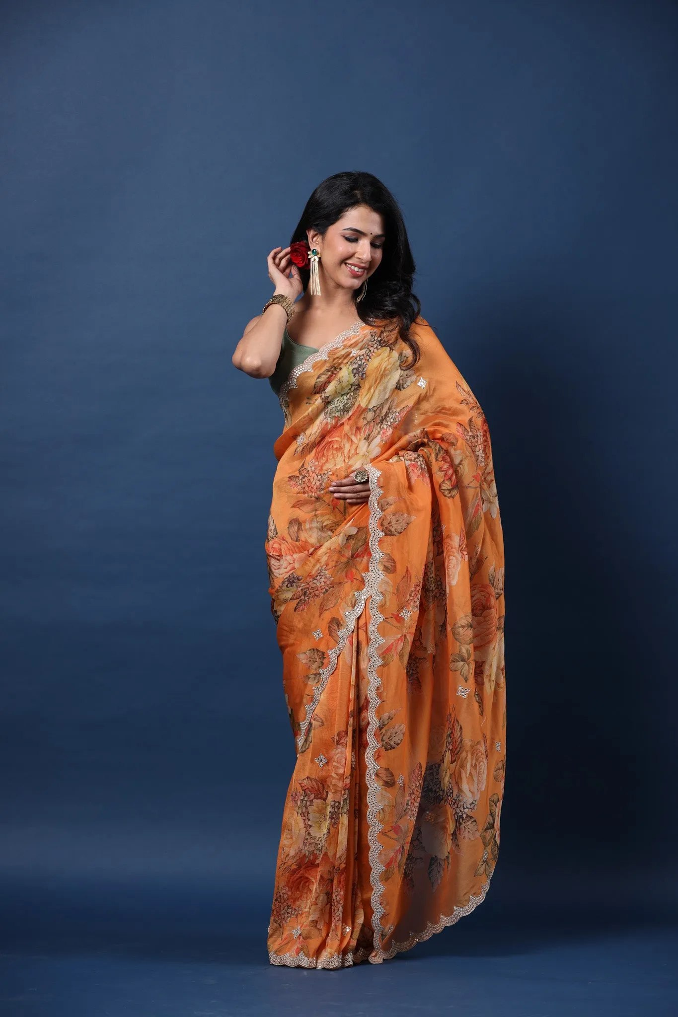 90Z685-RO Orange Embroidered Floral Organza Silk Sari