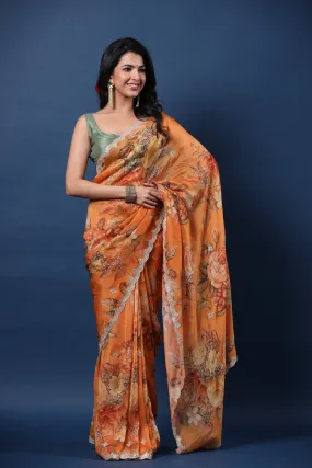 90Z685-RO Orange Embroidered Floral Organza Silk Sari