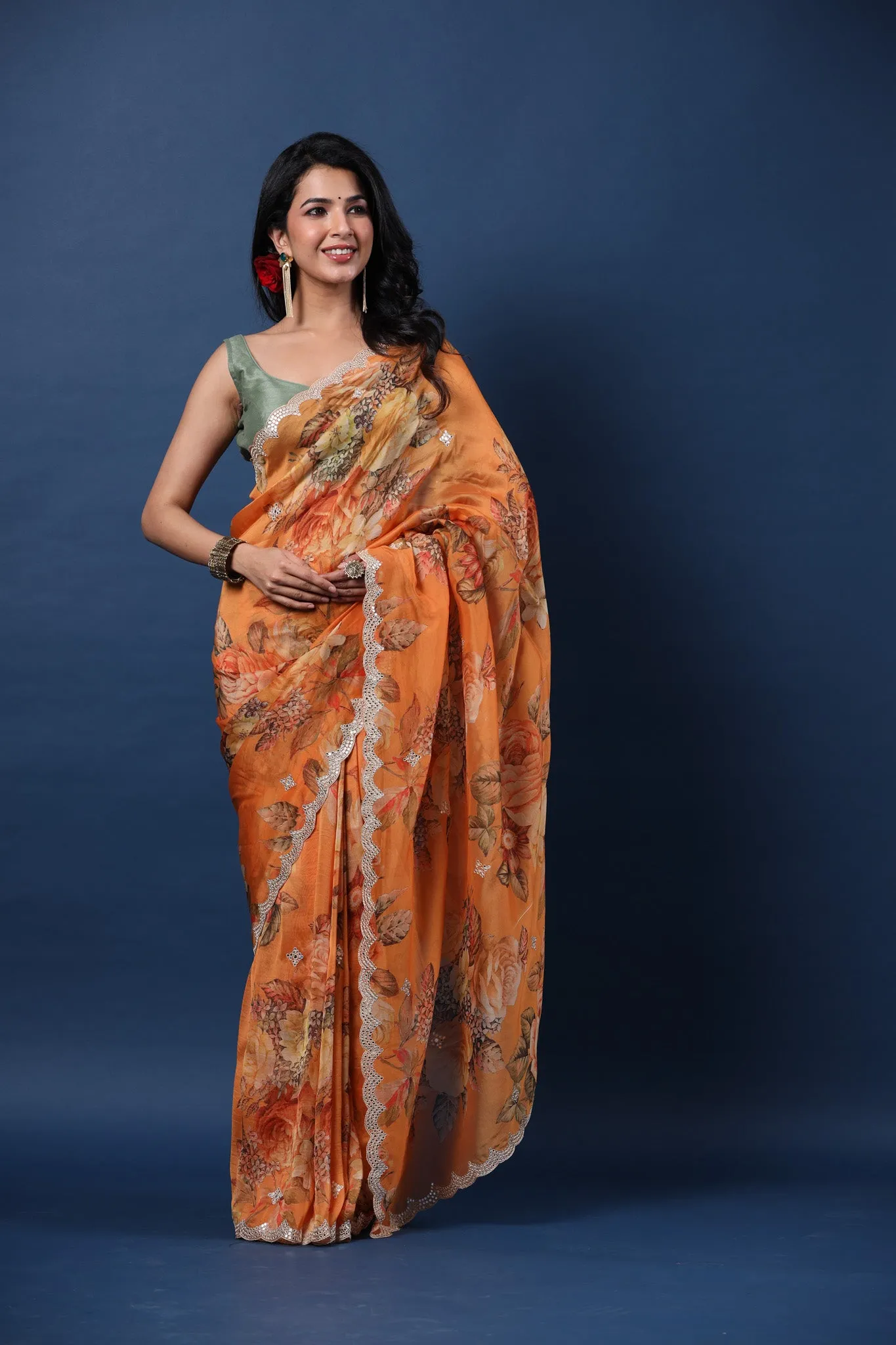 90Z685-RO Orange Embroidered Floral Organza Silk Sari