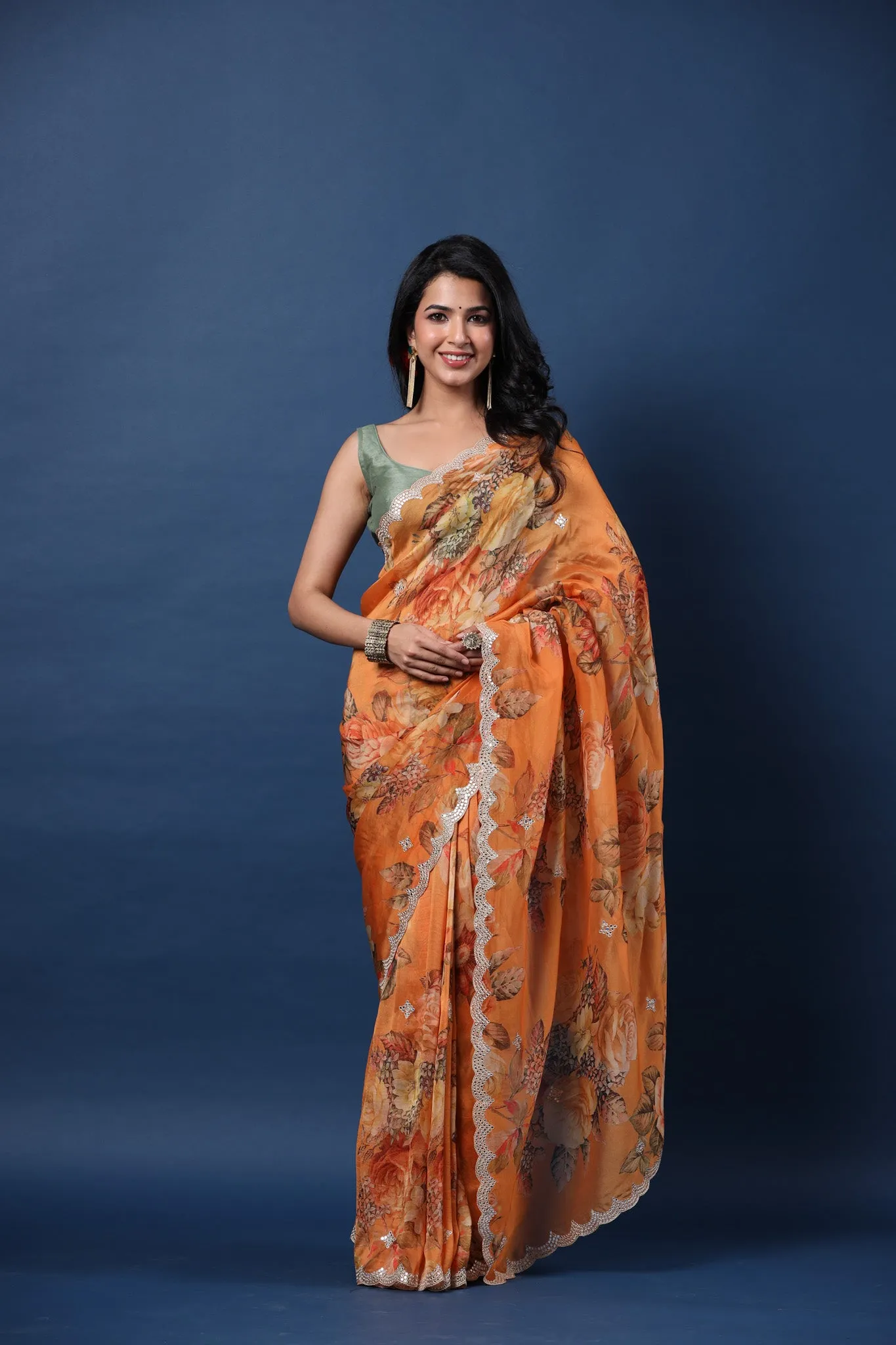 90Z685-RO Orange Embroidered Floral Organza Silk Sari