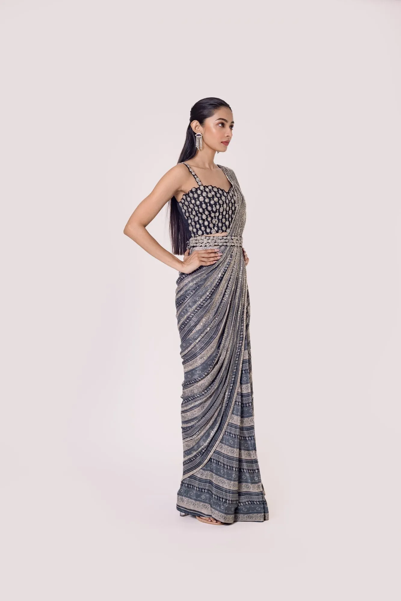 90Z912-RO Grey Black Silk Pre Stiched Saree Set