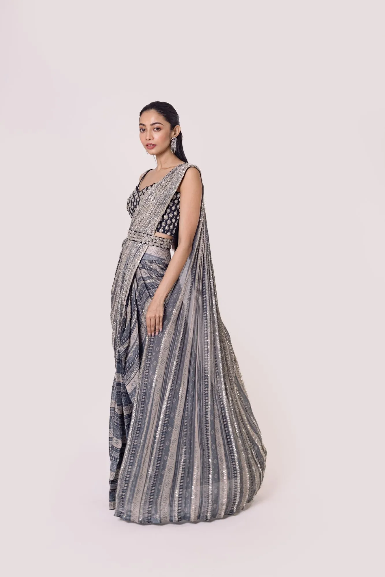 90Z912-RO Grey Black Silk Pre Stiched Saree Set