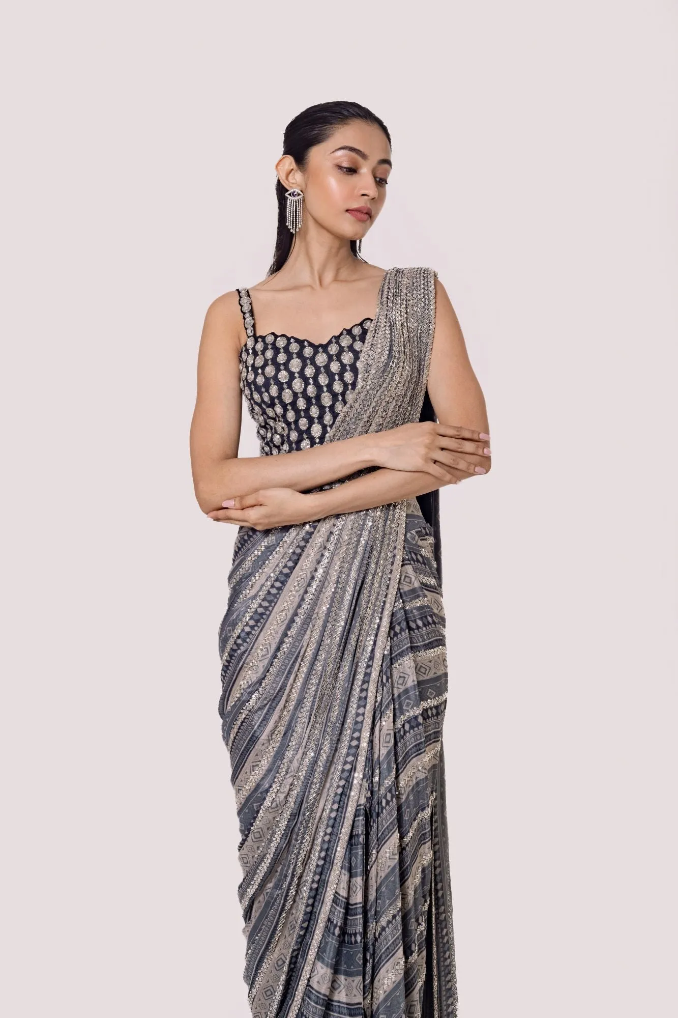 90Z912-RO Grey Black Silk Pre Stiched Saree Set