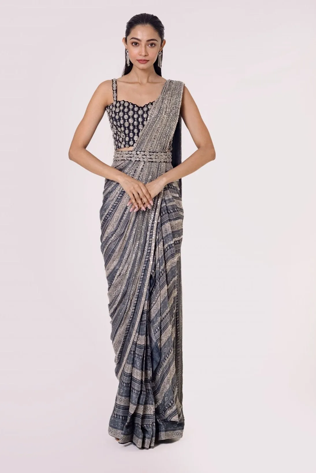 90Z912-RO Grey Black Silk Pre Stiched Saree Set