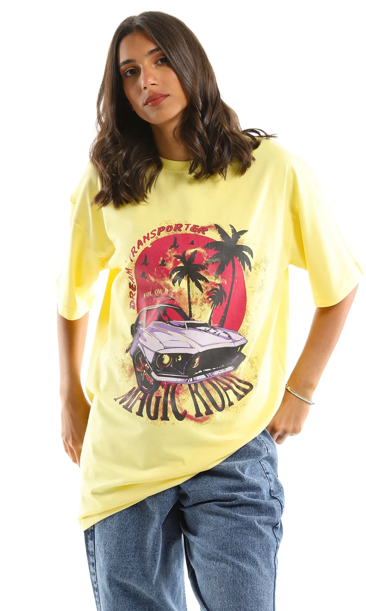 97597 Dream Transporter Printed Oversized Summer Tee - Yellow