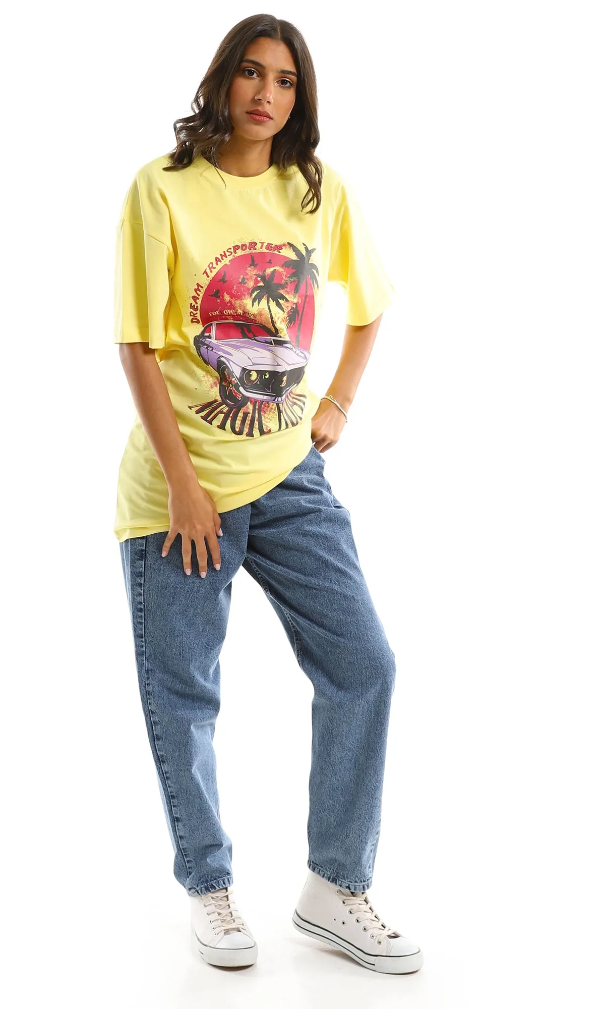 97597 Dream Transporter Printed Oversized Summer Tee - Yellow