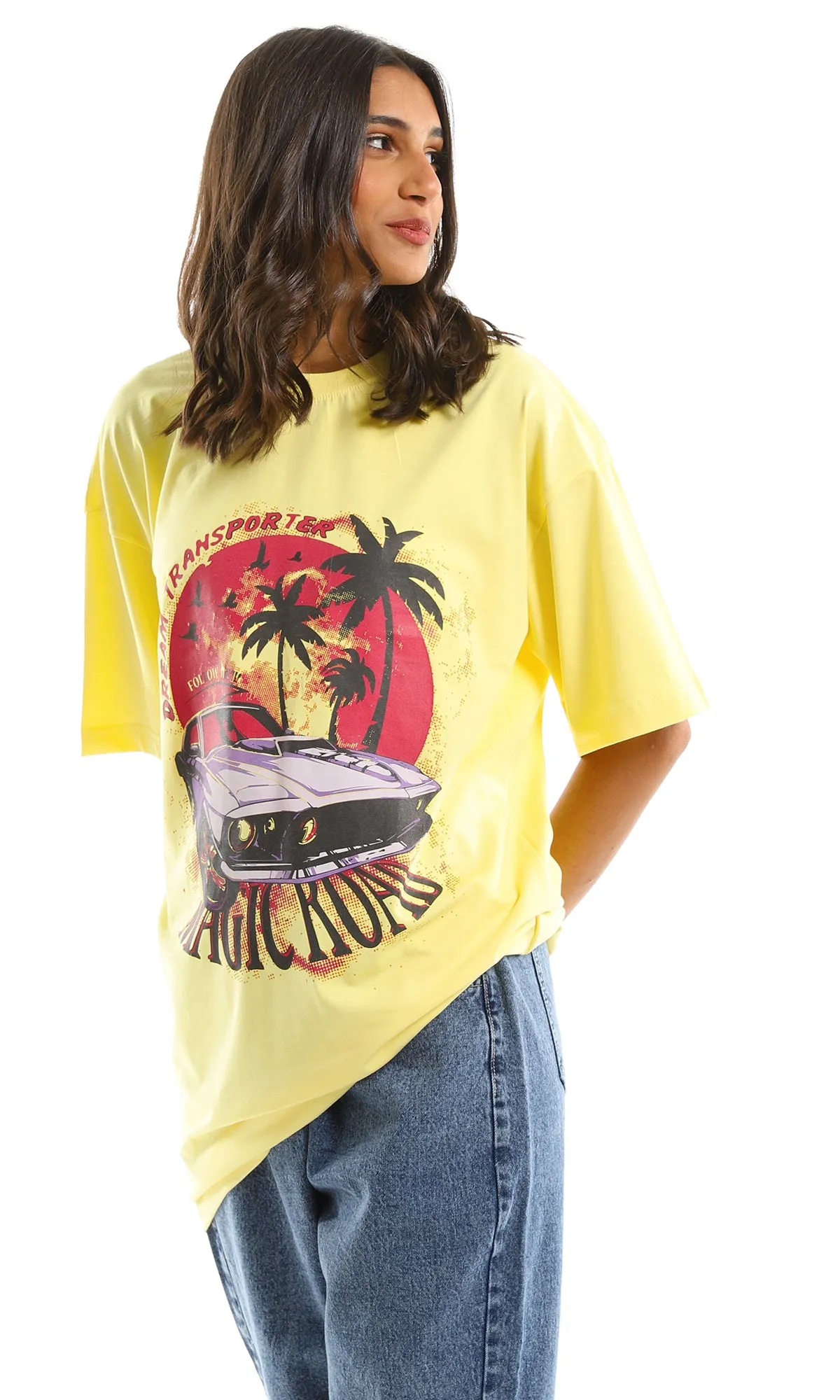 97597 Dream Transporter Printed Oversized Summer Tee - Yellow