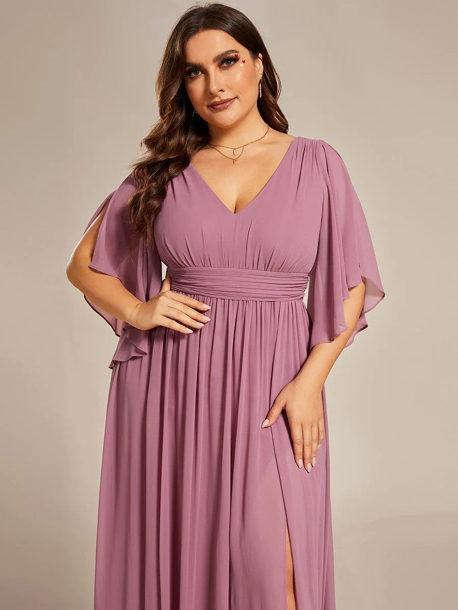 A-Line Chiffon V-Neck Bridesmaid Dress with Half Sleeves for Plus Size