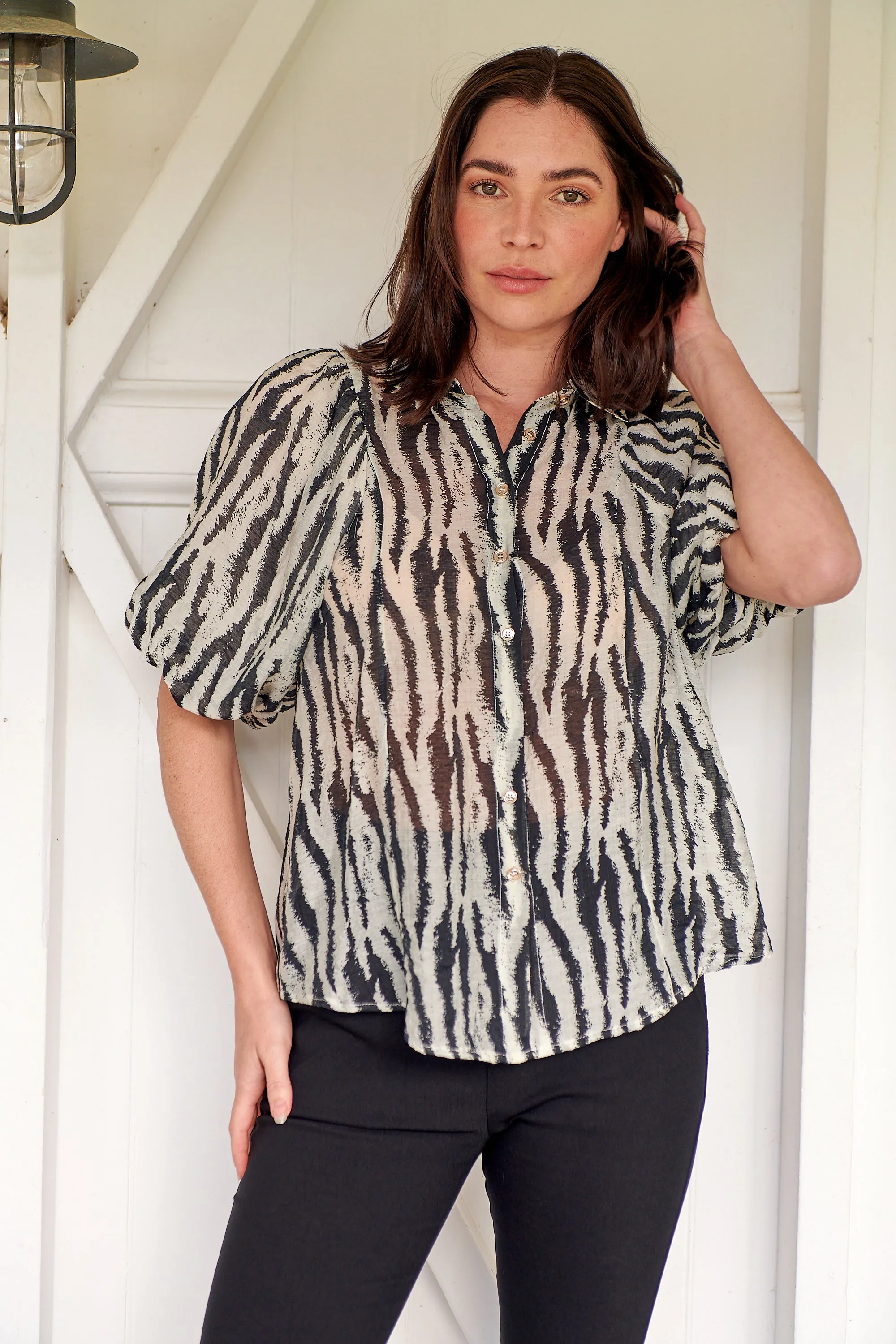 Abigail Puff Sleeve Black Zebra Print Blouse