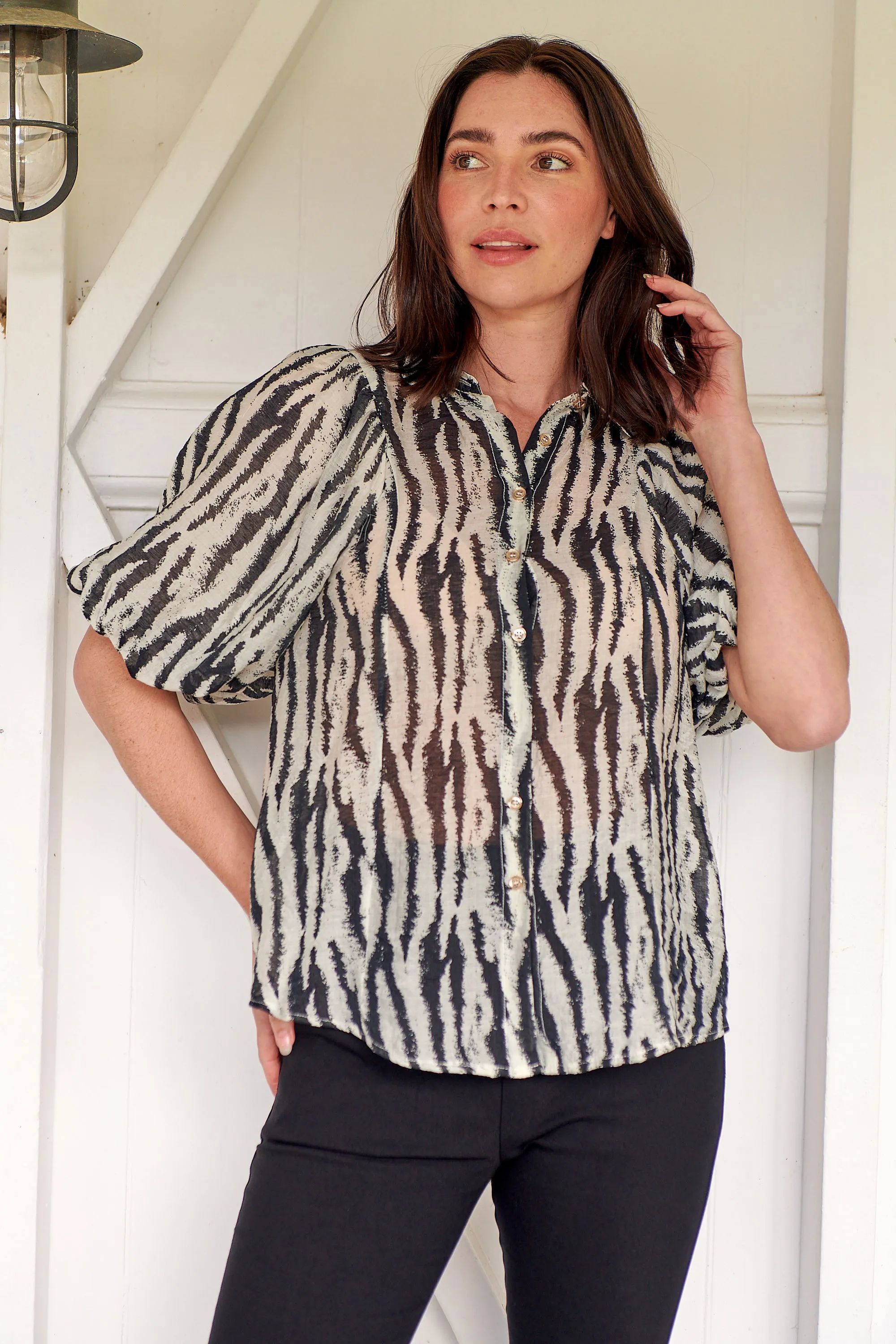 Abigail Puff Sleeve Black Zebra Print Blouse