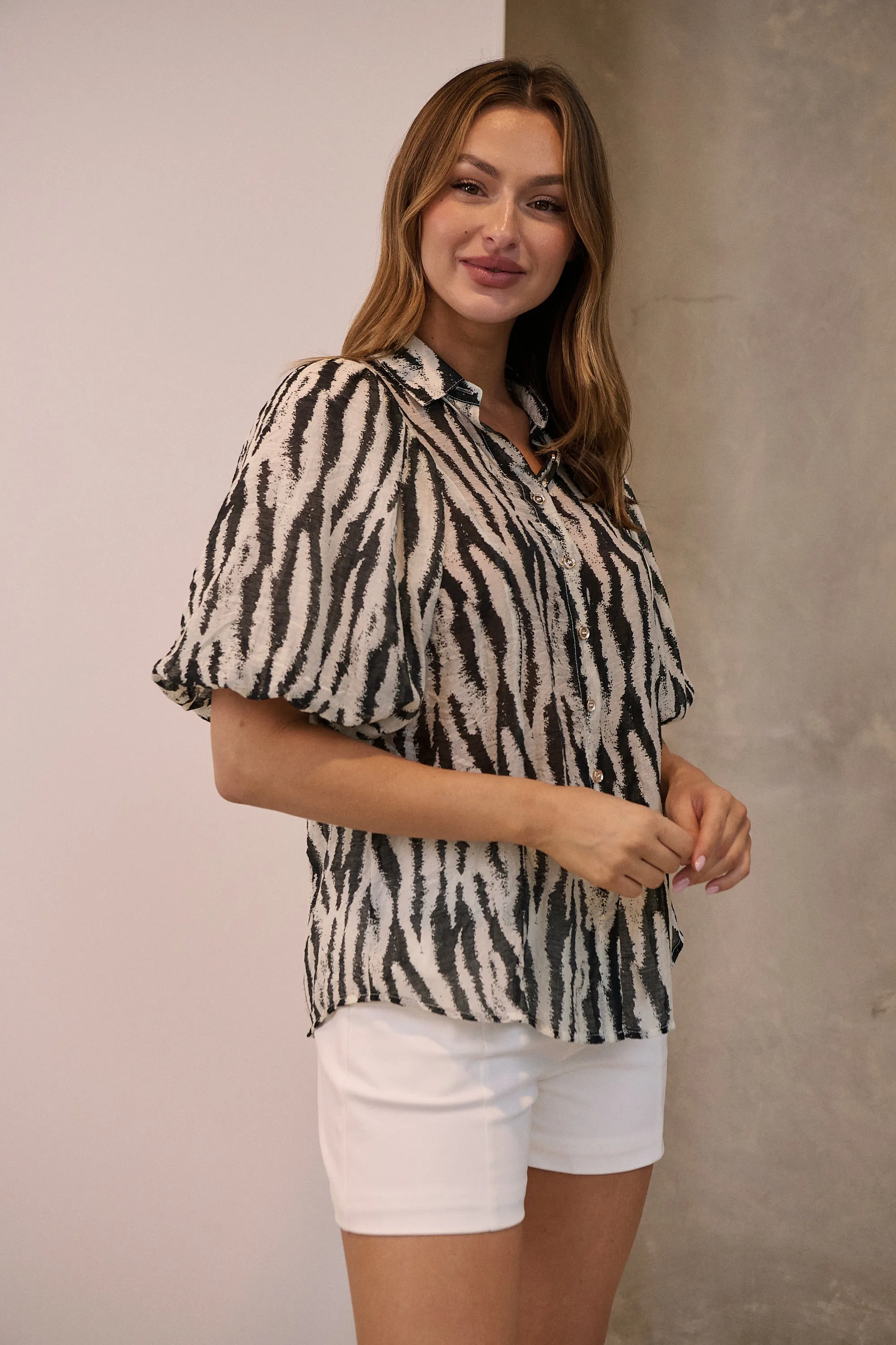 Abigail Puff Sleeve Black Zebra Print Blouse