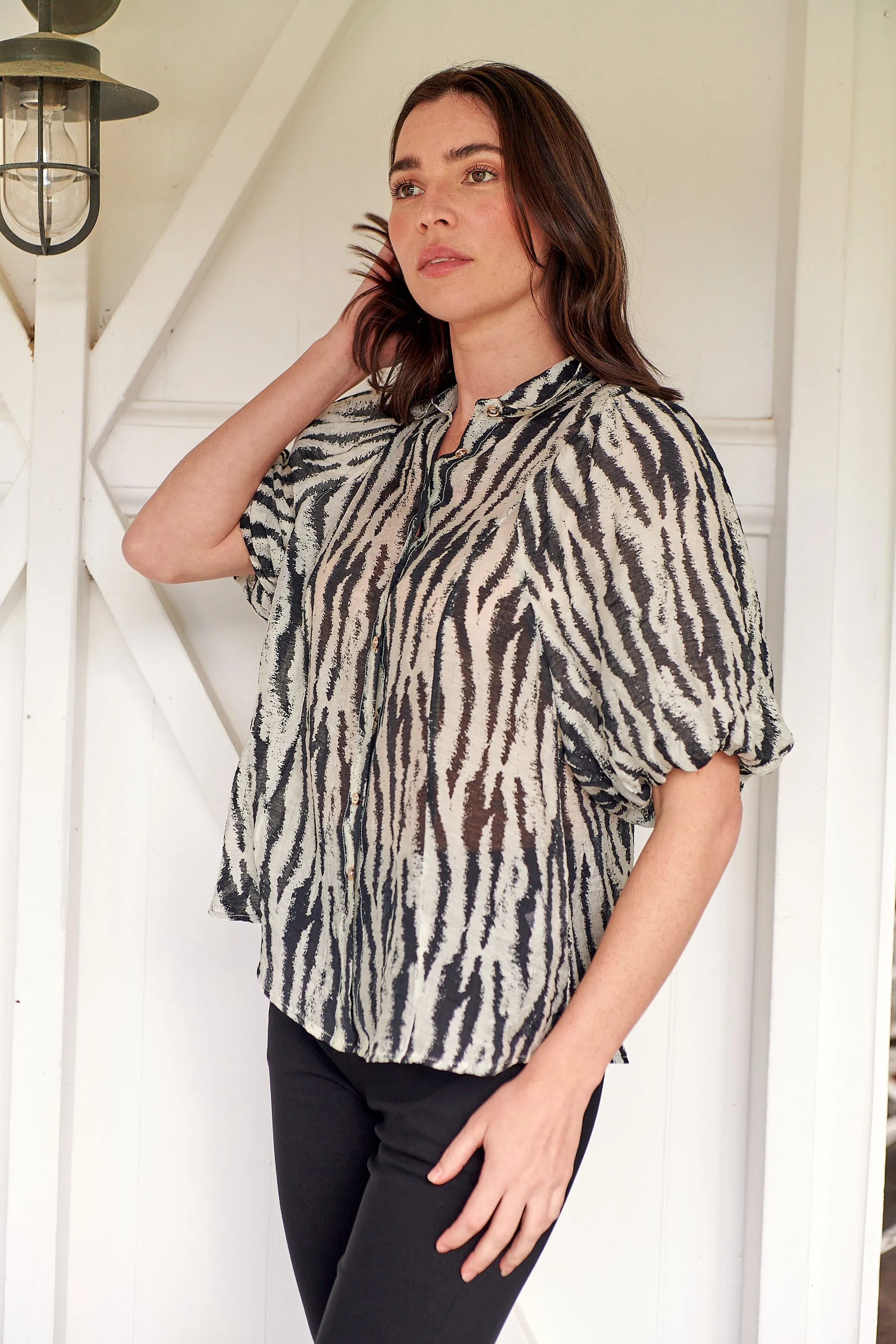 Abigail Puff Sleeve Black Zebra Print Blouse