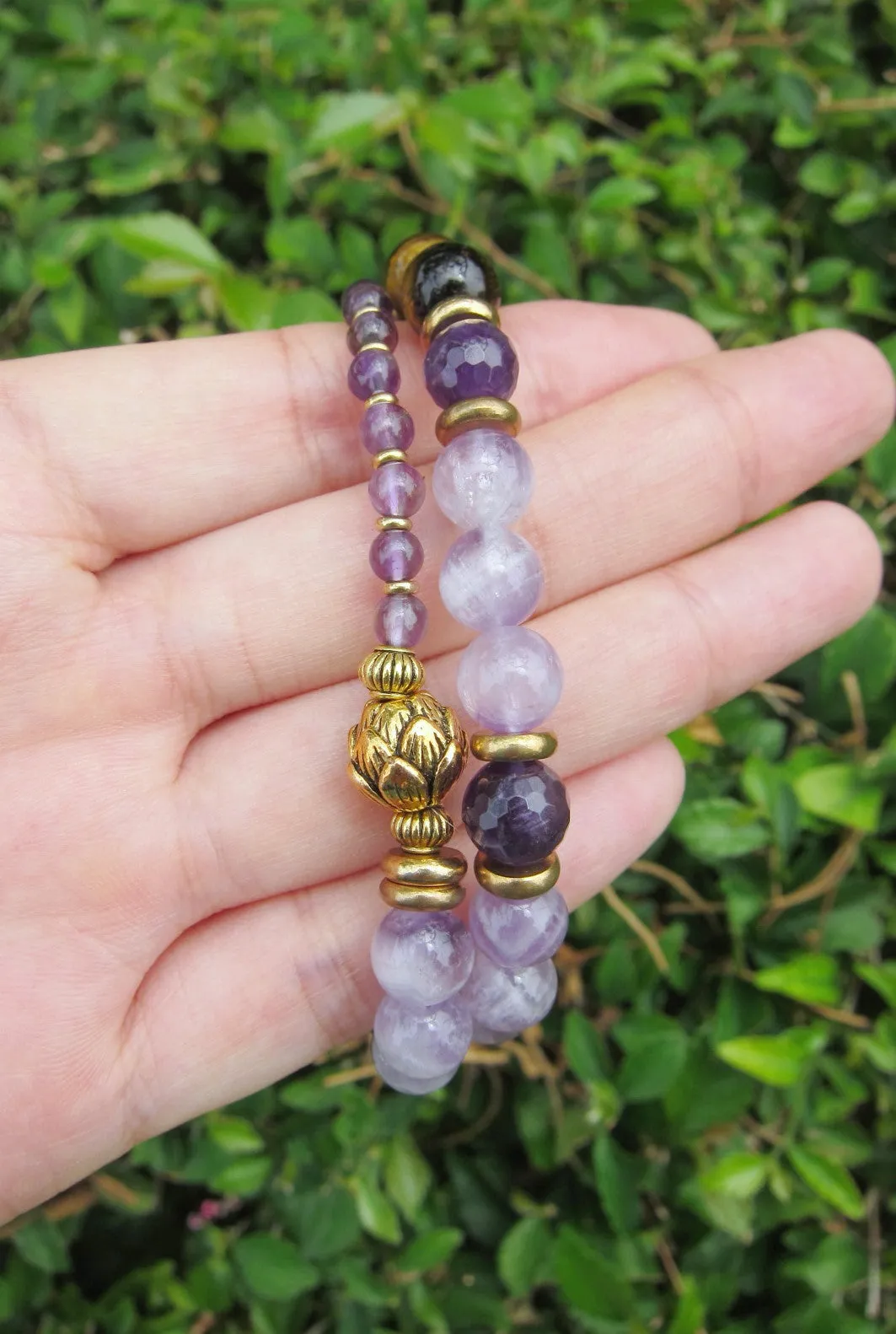 Amethyst, Chevron Quartz in 27 Bead Mala Bracelet (Feb Birthstone)