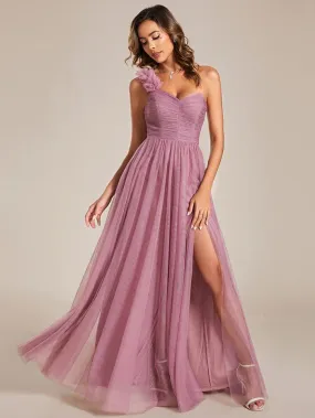 Backless One Shoulder Pleated Split Tulle Evening Dress