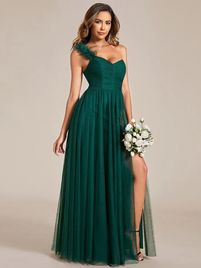 Backless One Shoulder Pleated Split Tulle Evening Dress