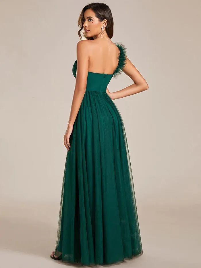 Backless One Shoulder Pleated Split Tulle Evening Dress