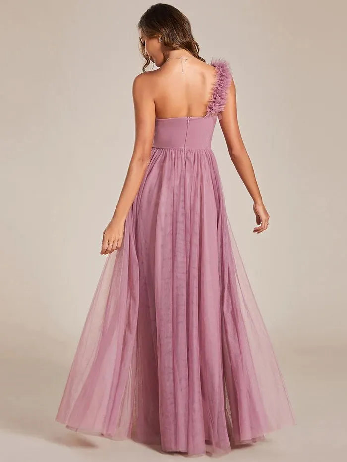 Backless One Shoulder Pleated Split Tulle Evening Dress