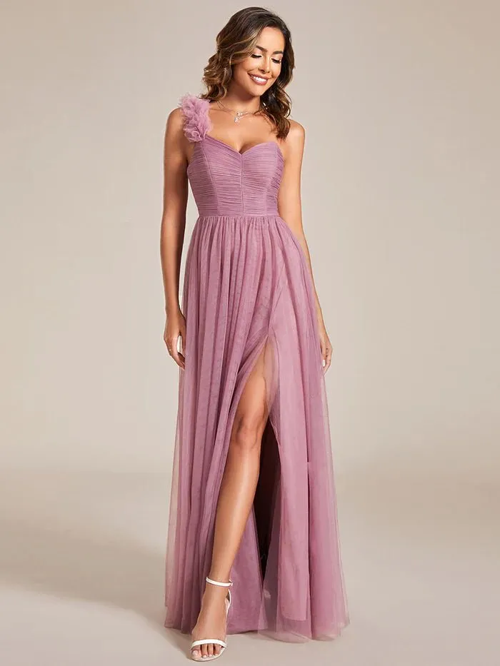 Backless One Shoulder Pleated Split Tulle Evening Dress