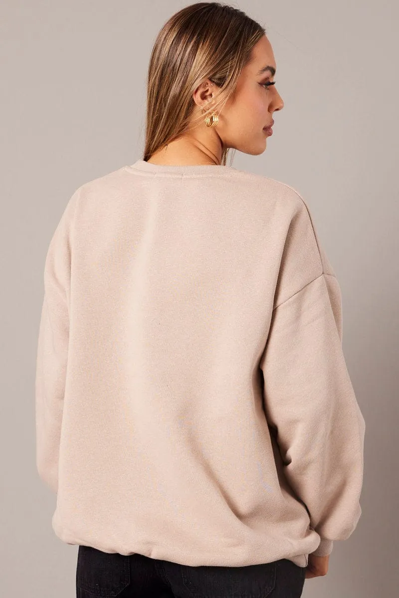 Beige Graphic Sweater Long Sleeve