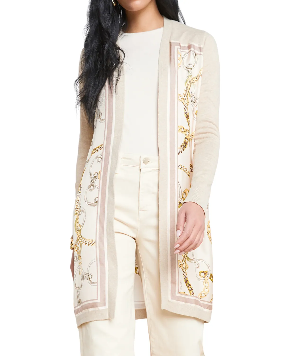 Beverly Silk Panel Cardi (Crema/Ecru Multi Oversized Chain Scarf)