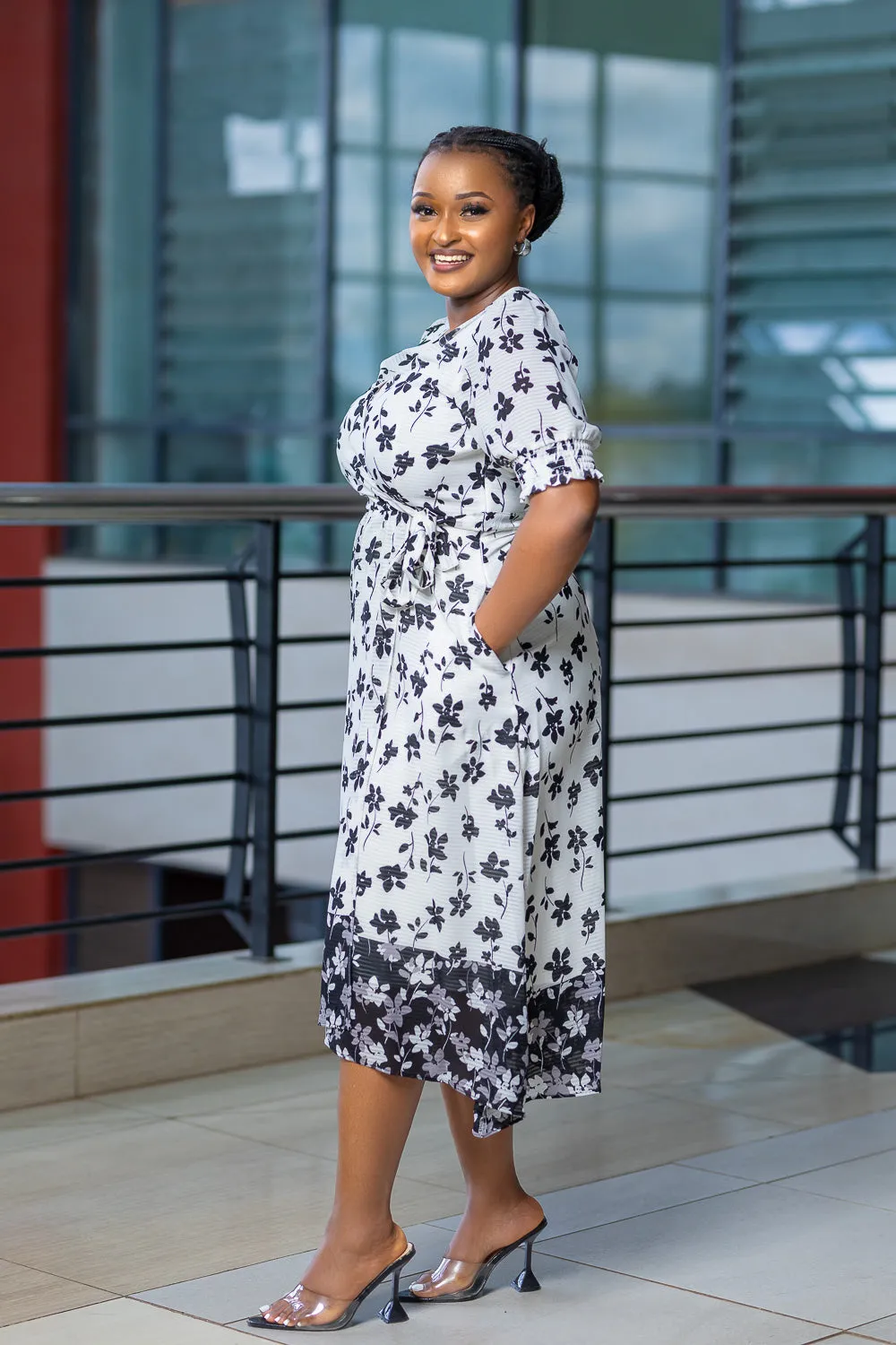 Black and white floral wrap dress