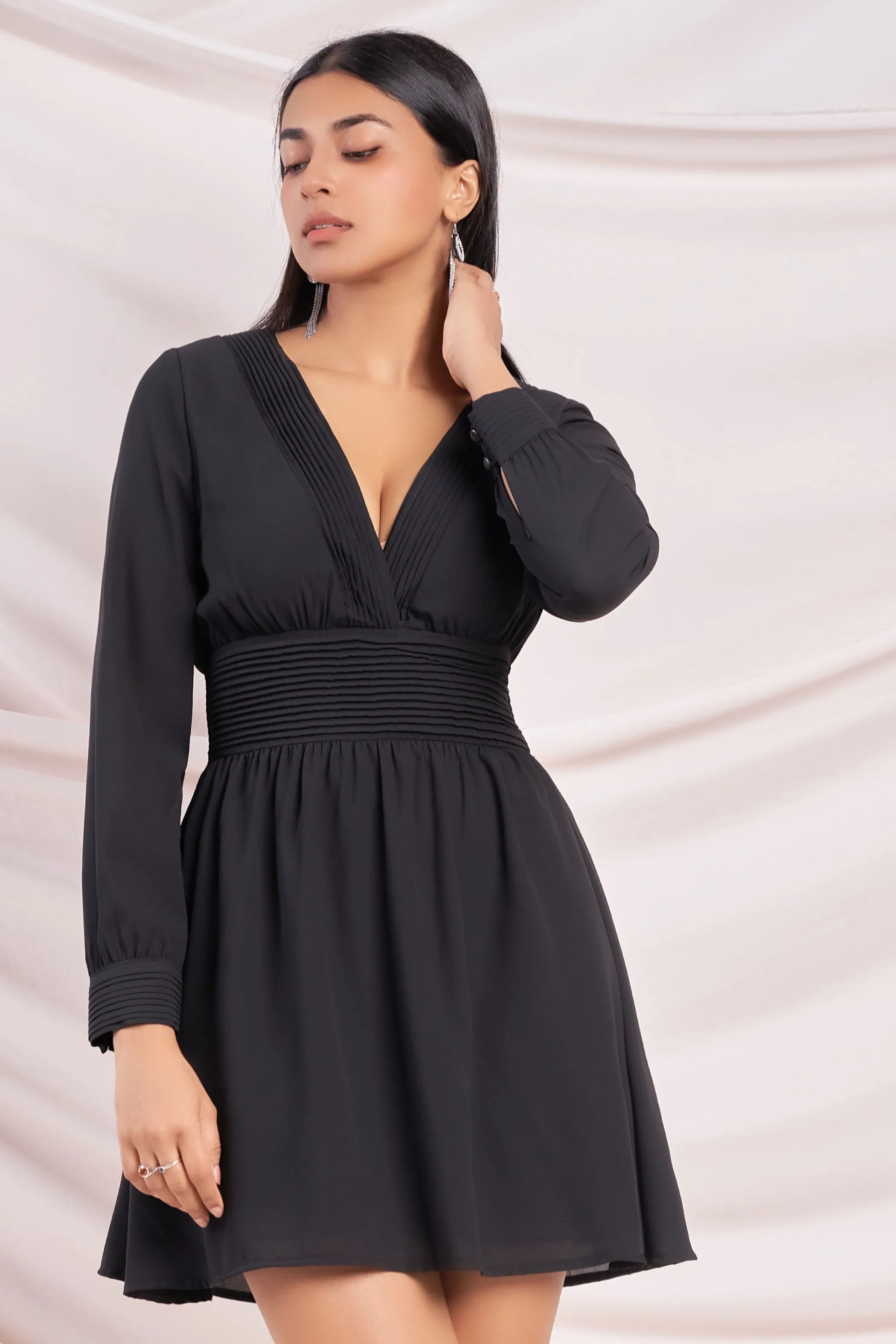 Black Pleated Waist Dress