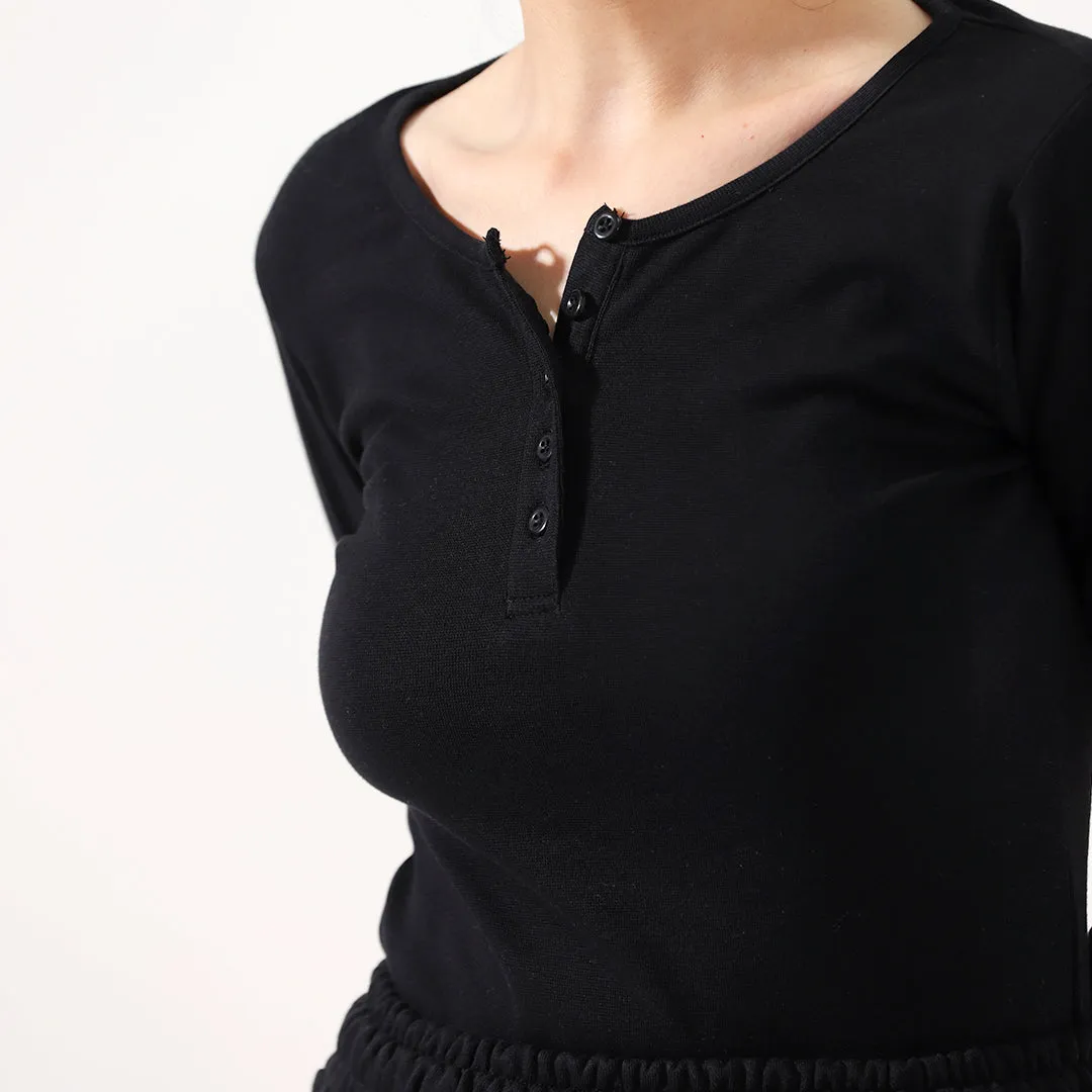 Black Ribbed Women's Henley