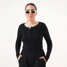 Black Ribbed Women's Henley