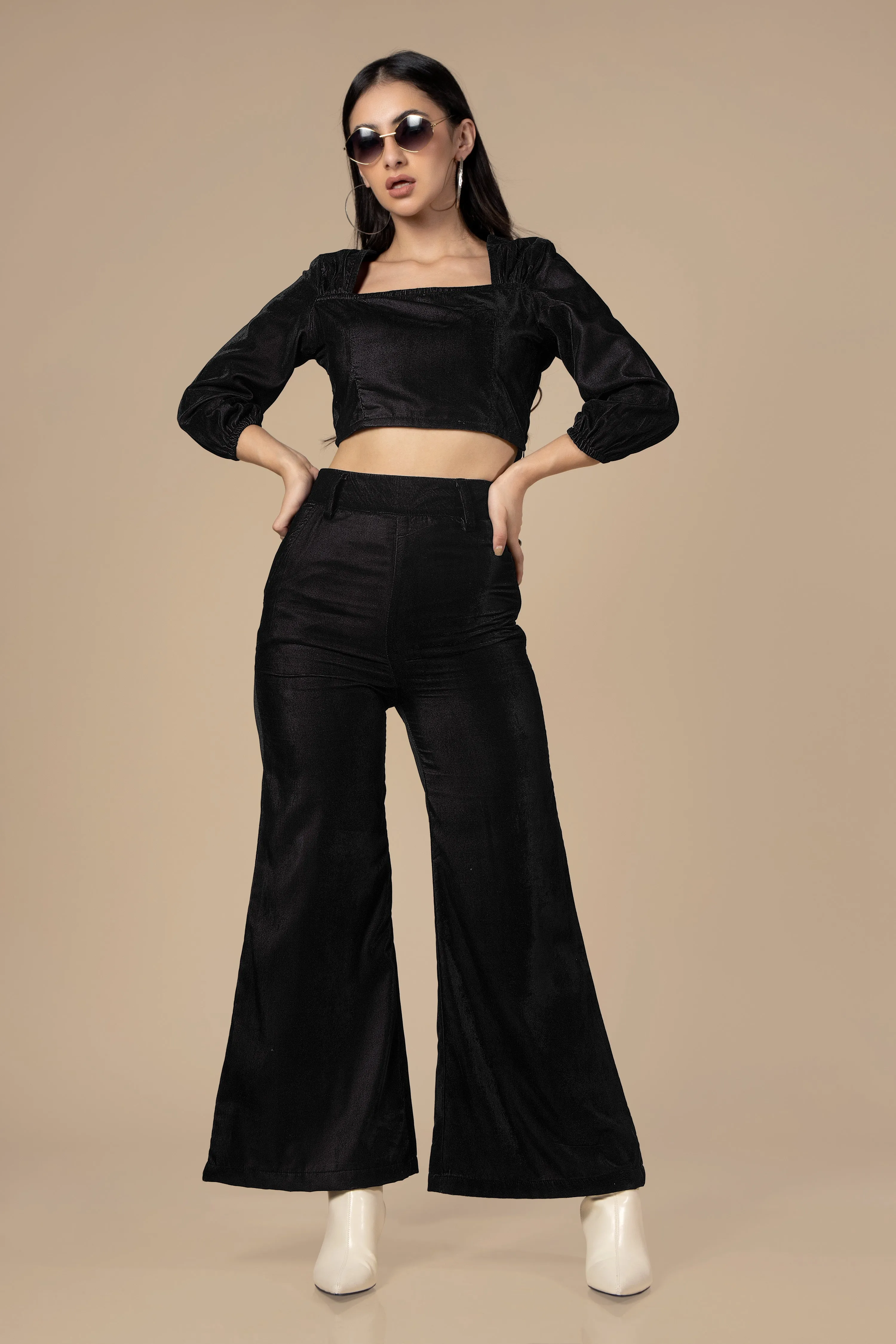 Black Square Neck Velvet Co-Ord Set For Women