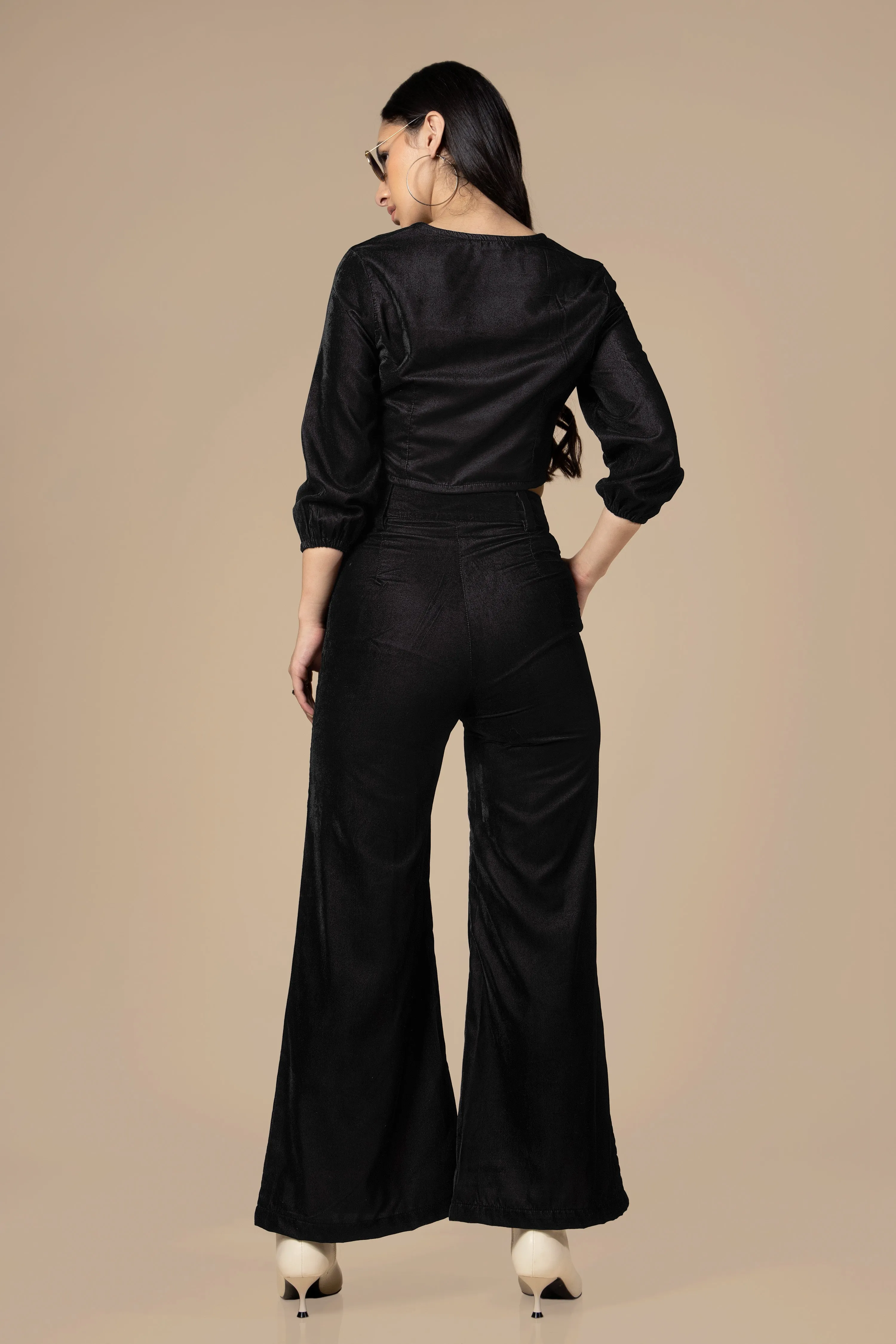 Black Square Neck Velvet Co-Ord Set For Women