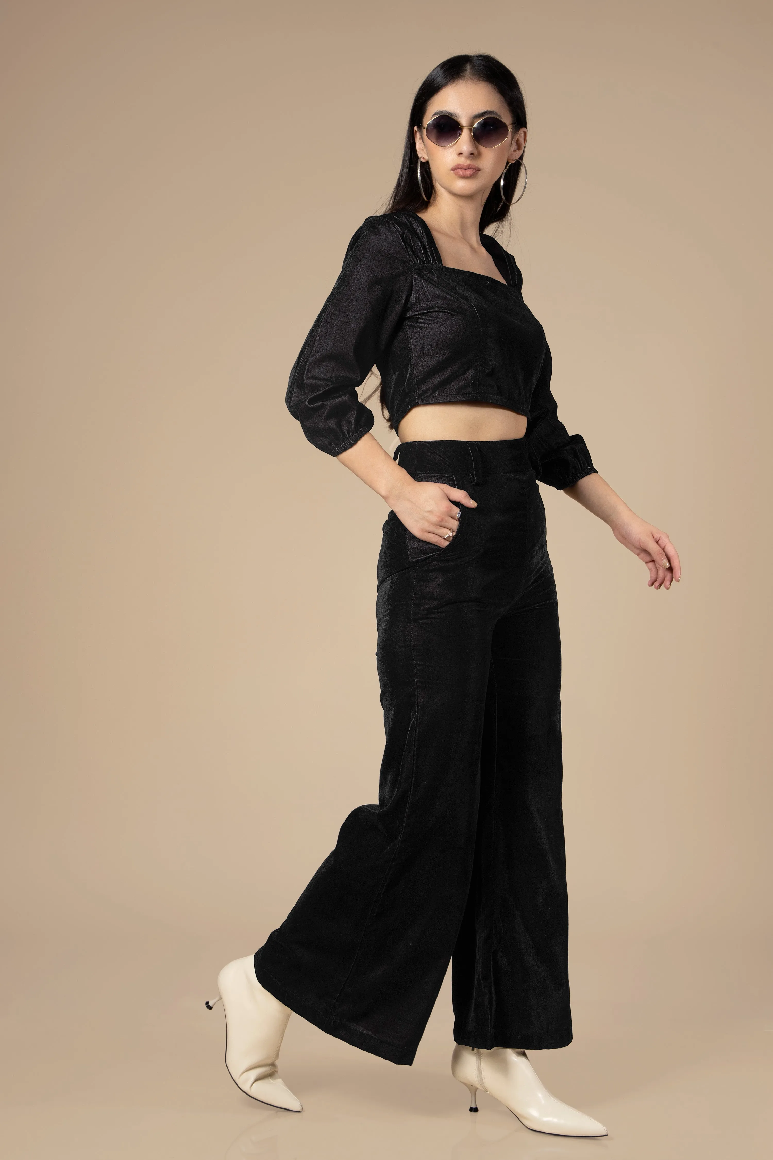 Black Square Neck Velvet Co-Ord Set For Women