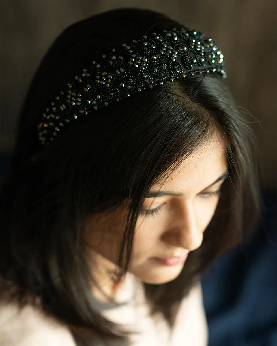 Black Velvet Satin Beads Headband