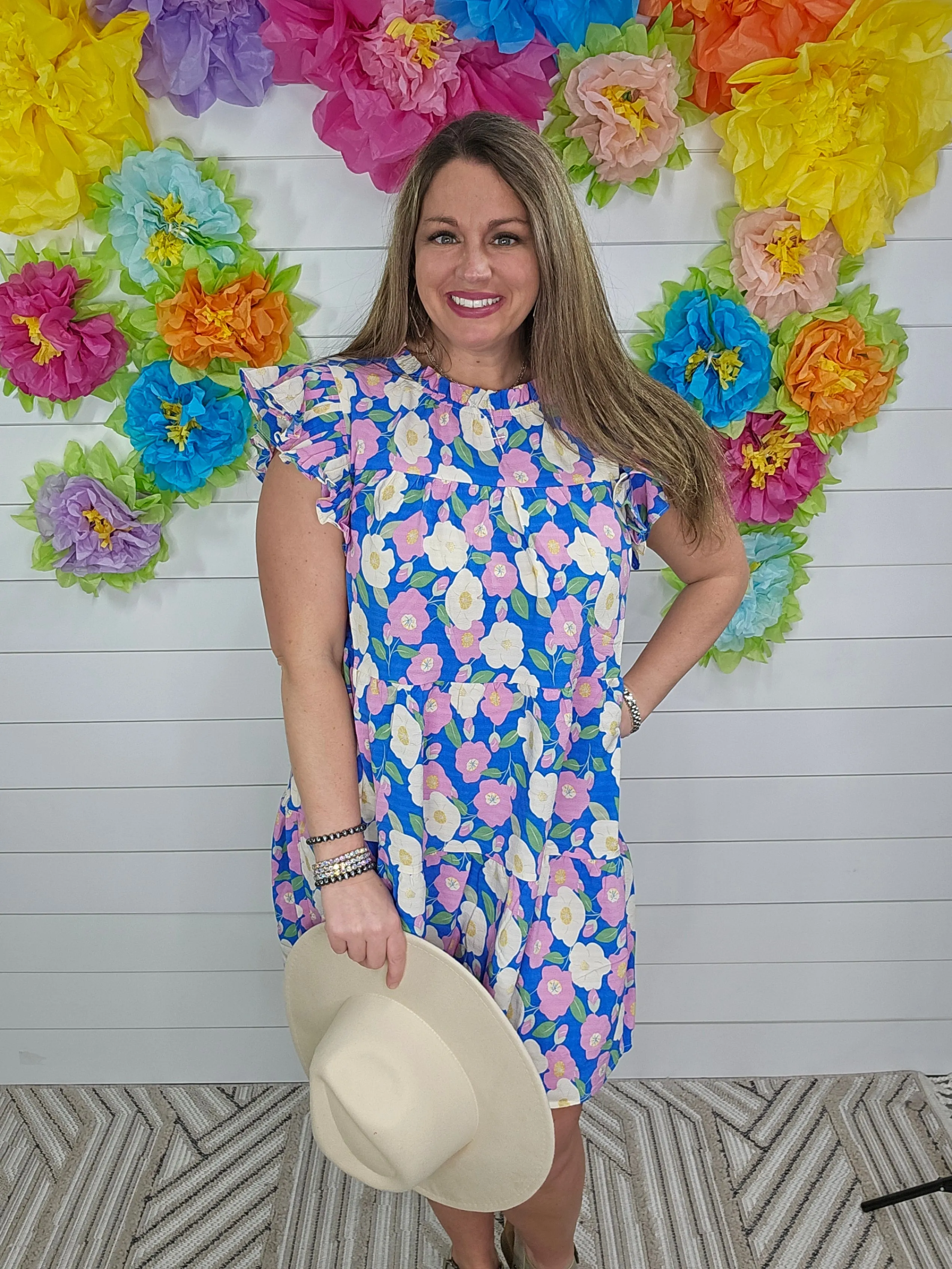 BLUE FLORAL PRINT DRESS WITH A FRILL MOCK NECKLINE