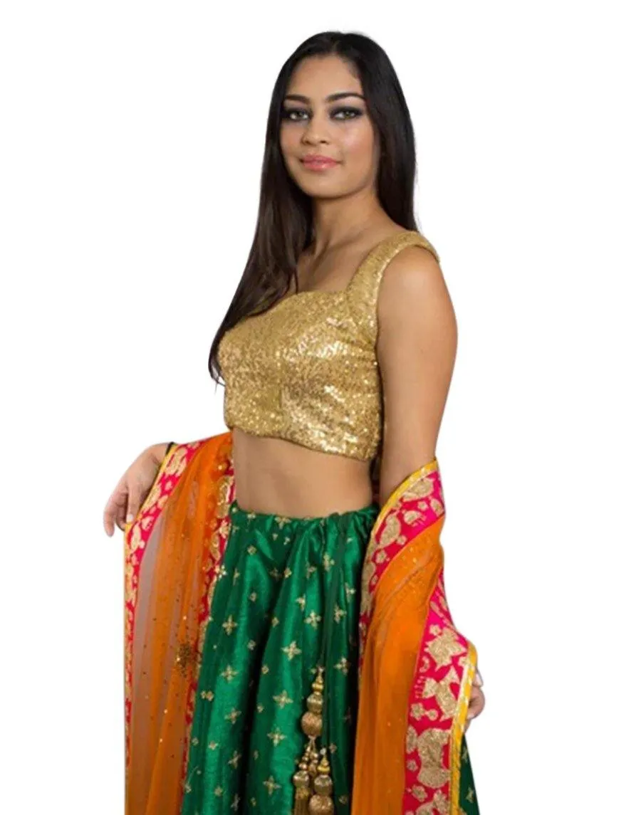 Buy Dark Green and Gold Lehenga Set with Orange Dupatta - Clearance