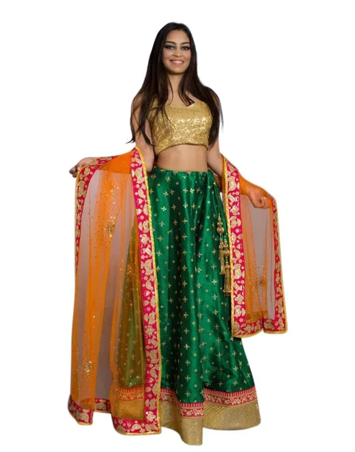 Buy Dark Green and Gold Lehenga Set with Orange Dupatta - Clearance