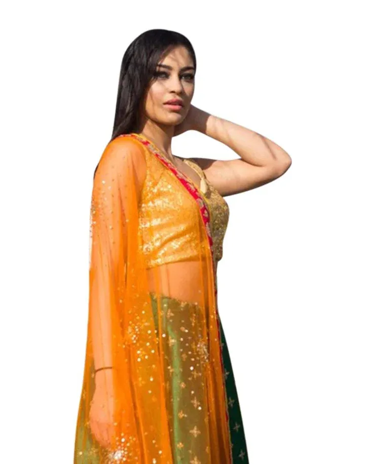 Buy Dark Green and Gold Lehenga Set with Orange Dupatta - Clearance