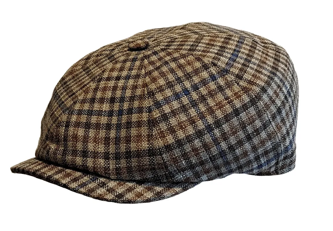 Cappellificio Biellese Summer weight Virgin Wool/Linen classic multi Tan check Baker boy cap