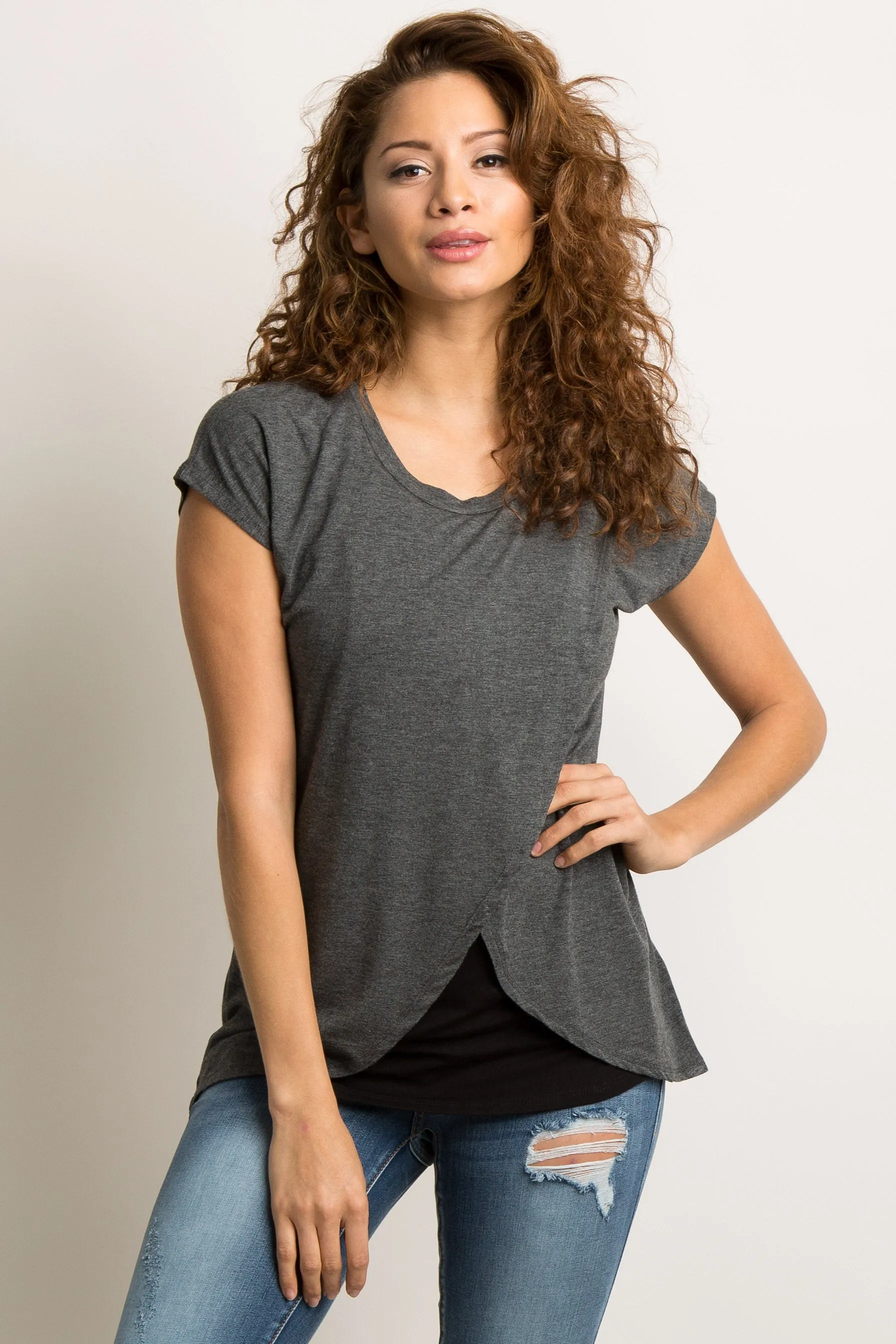 Charcoal Grey Layered Wrap Front Nursing Top