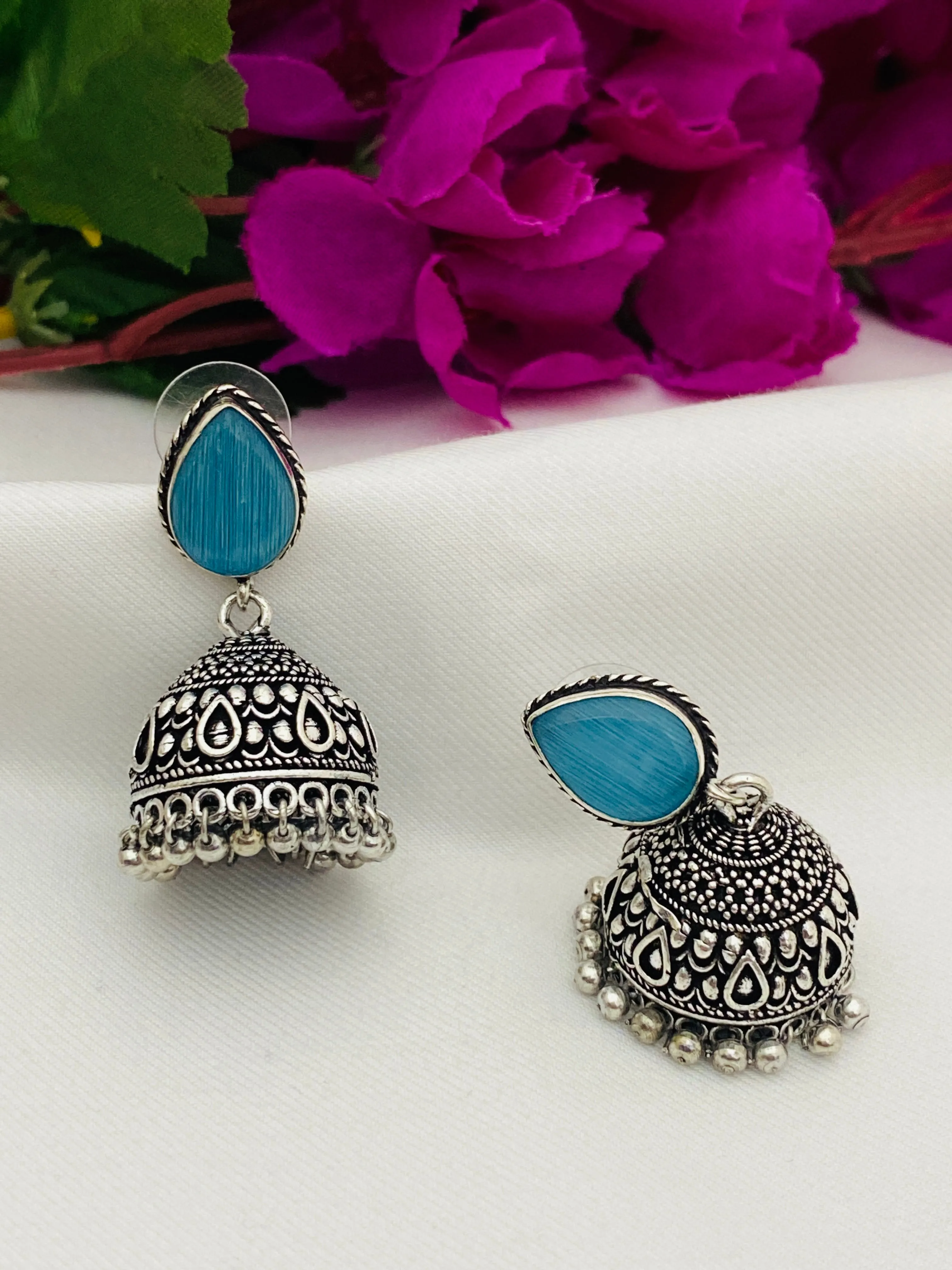 Charming Blue Color Designer Silver Plated Oxidized Jhumkas With Pearl Hangings